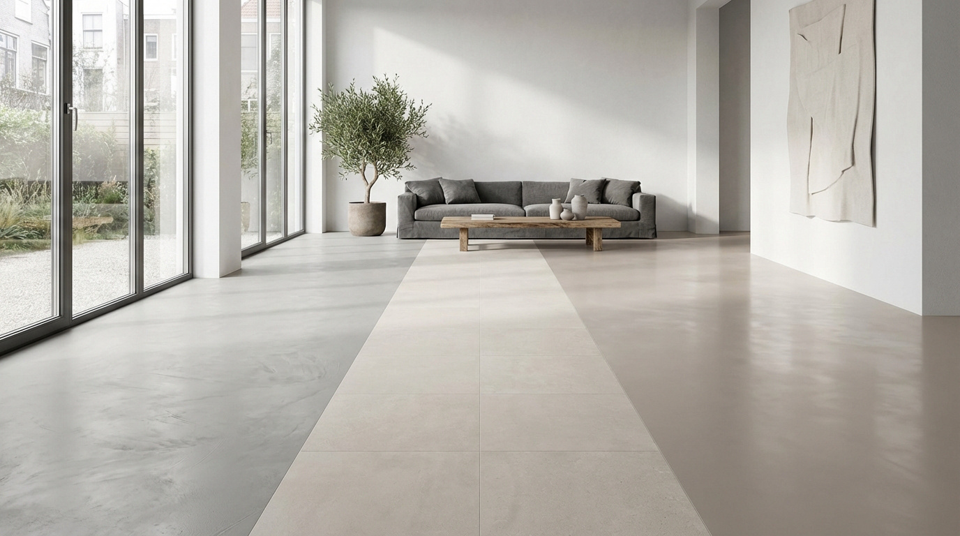 Salon moderne et lumineux avec sols contrastés (béton, carrelage), canapé gris, table en bois, olivier.