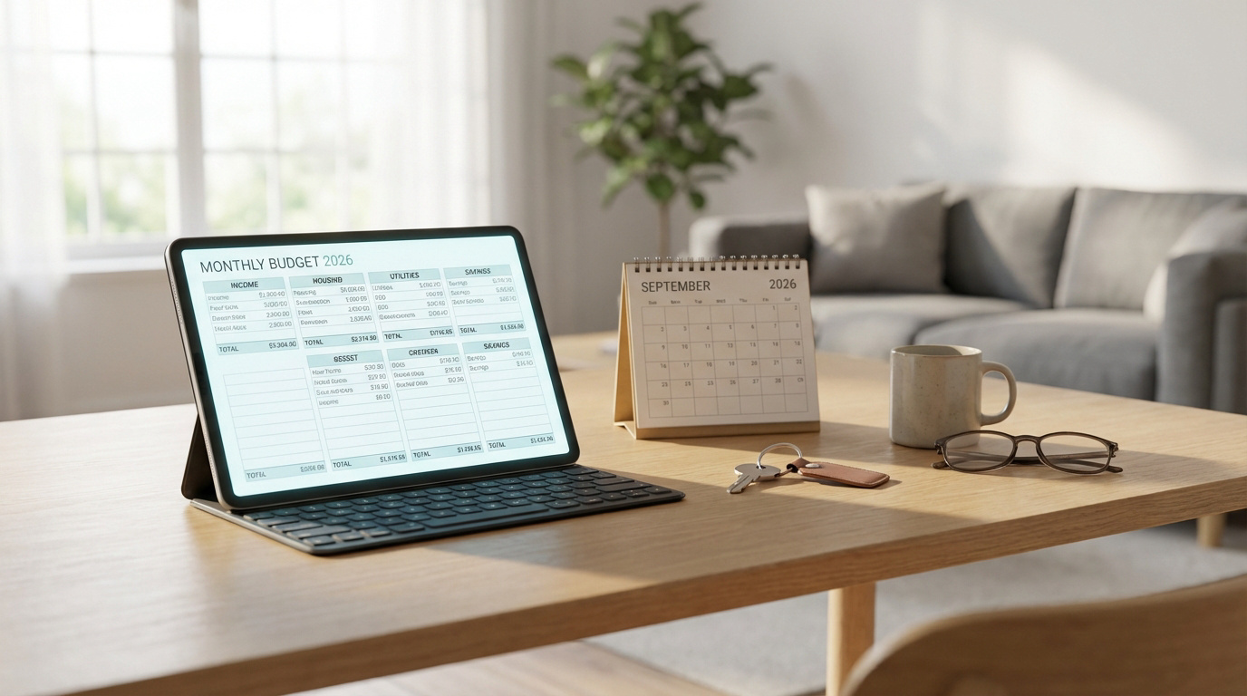 Tablette affichant un budget mensuel 2026, calendrier, clés et lunettes sur une table en bois clair. Scène de salon.