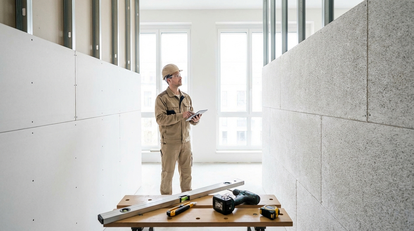 Ouvrier avec tablette devant une cloison en placo et une autre en fermacell. Outils de construction sur l'établi.