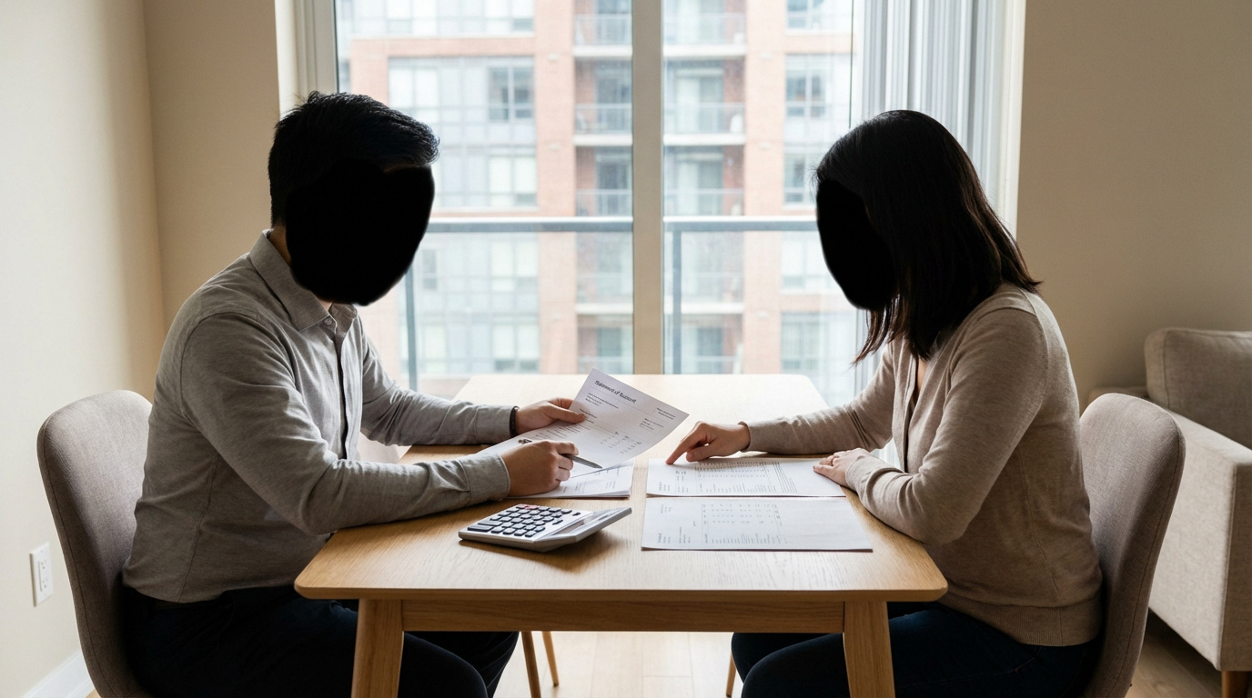 Deux personnes sans visage examinent des documents financiers et une calculatrice, discutant des charges de copropriété.