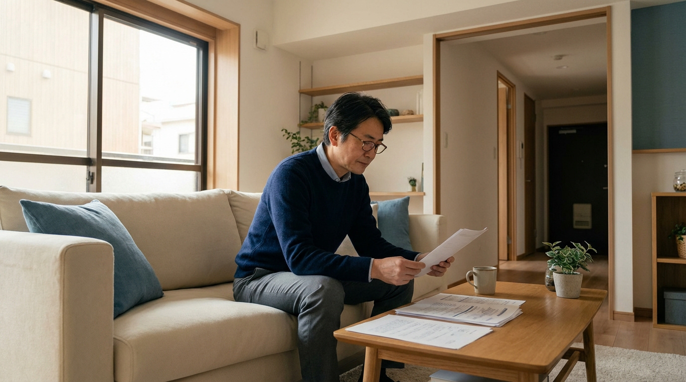 Homme asiatique aux lunettes, pull bleu, assis sur un canapé, lit des documents. Papiers sur table basse. Intérieur lumineux.