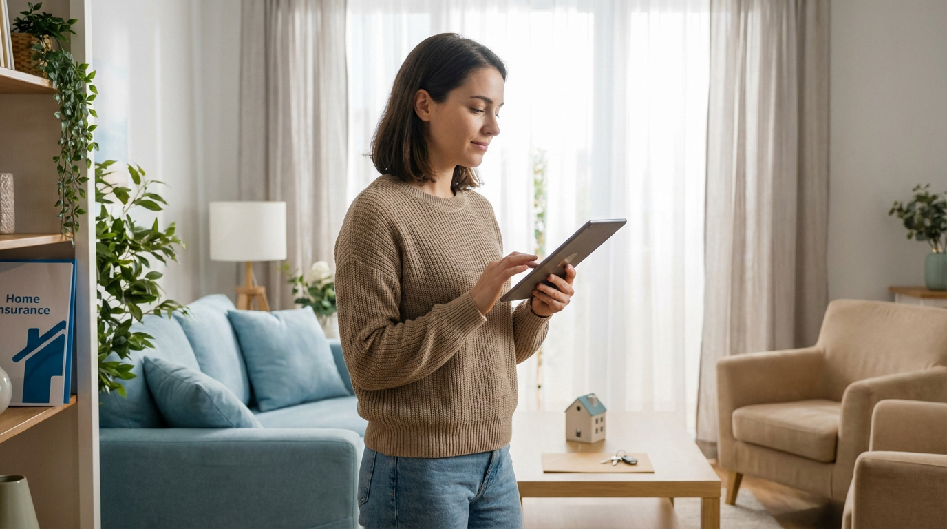 Une femme consulte une tablette dans un salon moderne, un dossier "Home Insurance" est visible, symbolisant la recherche d'assurance habitation.