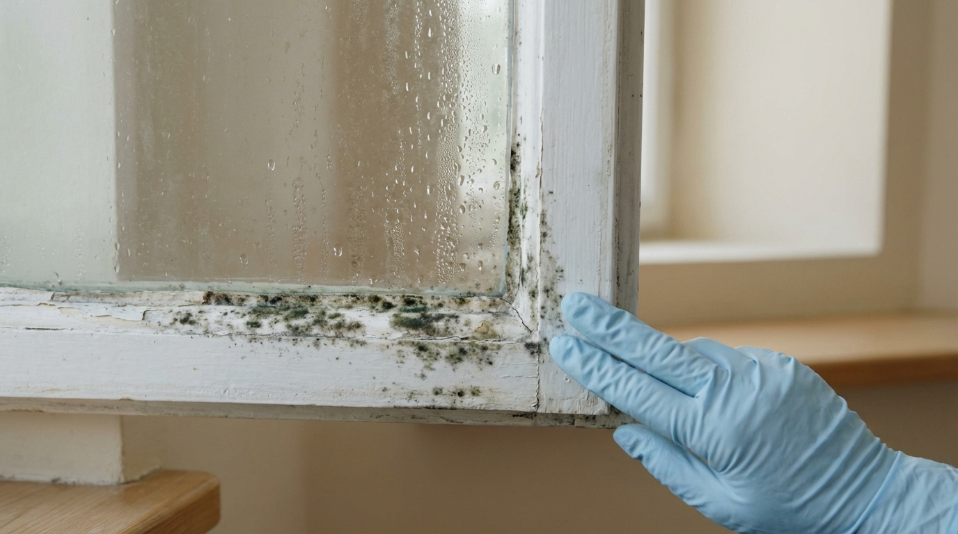 Gros plan sur un cadre de fenêtre blanc couvert de moisissure noire et de condensation, avec une main gantée pointant la zone affectée.