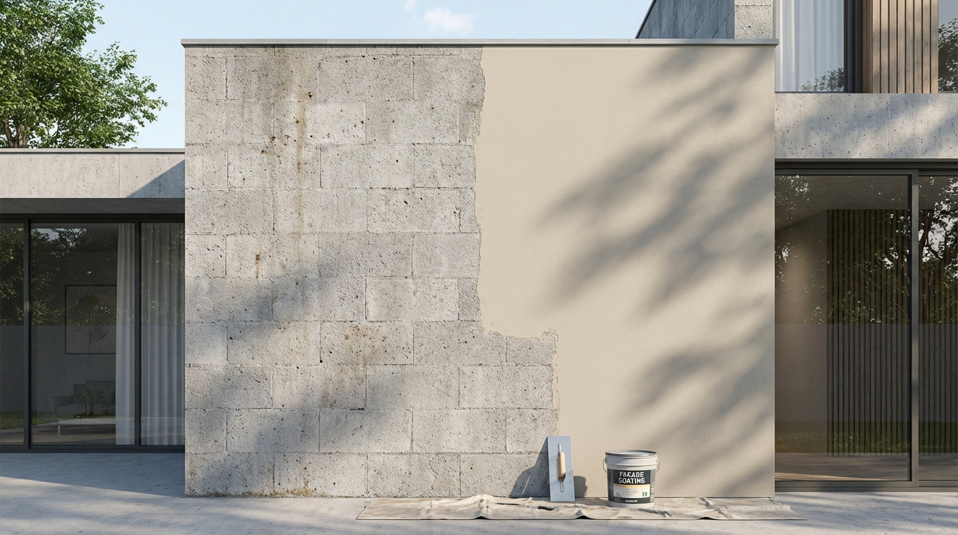 Mur en parpaing divisé : côté gauche brut, côté droit enduit beige. Truelle et pot de "Façade Coating" au sol. Ombre d'arbre.