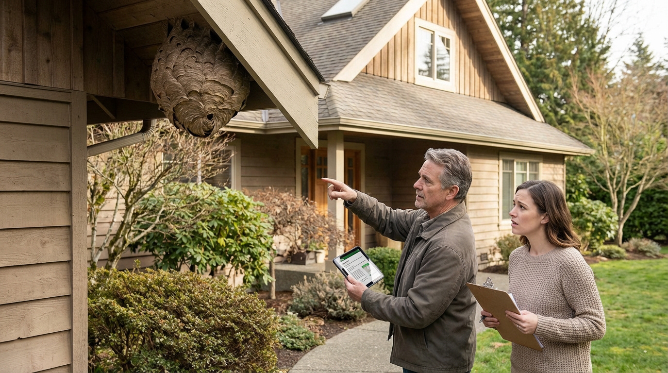 Un homme et une femme inspectent un gros nid de frelons suspendu sous le toit d'une maison, l'air préoccupé.