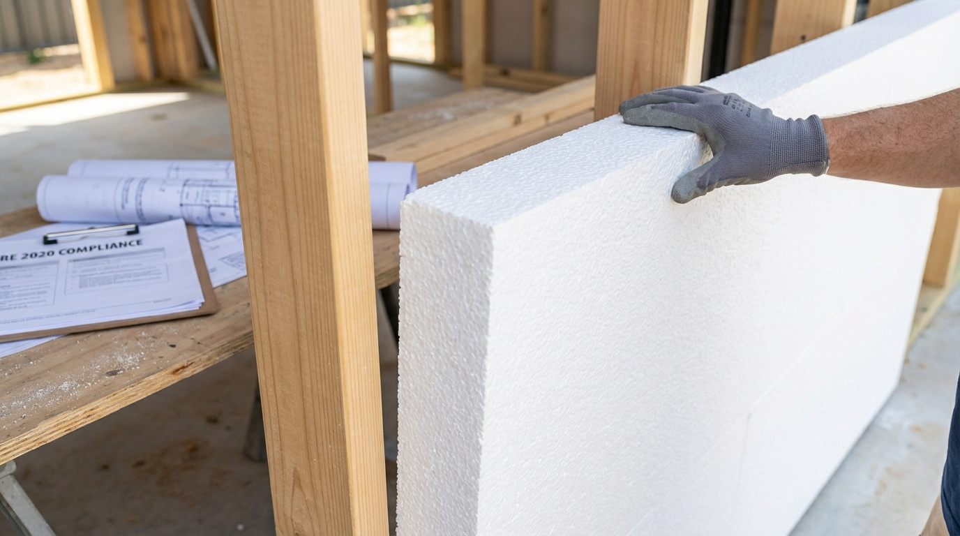 Main gantée tenant un panneau d'isolation en polystyrène blanc sur un chantier de construction en bois, avec des plans.