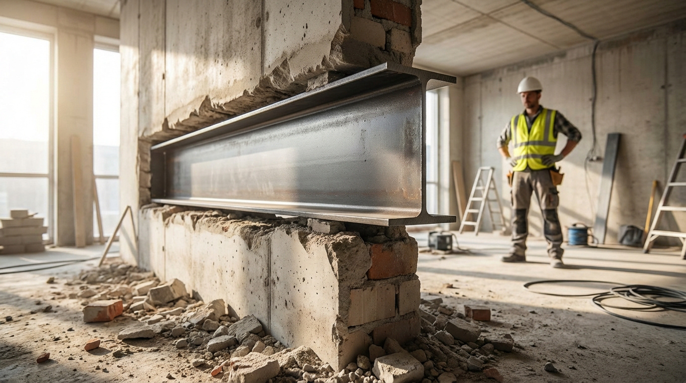 Poutre IPN en acier installée dans un mur porteur en démolition sur un chantier, avec un ouvrier en arrière-plan.