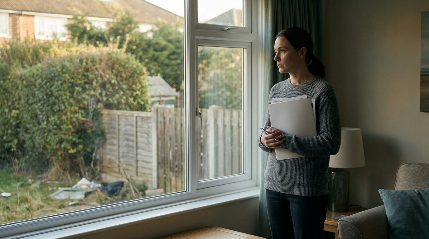 Une femme tient des documents et regarde pensivement par la fenêtre d'une pièce de vie, un jardin négligé visible à l'extérieur.