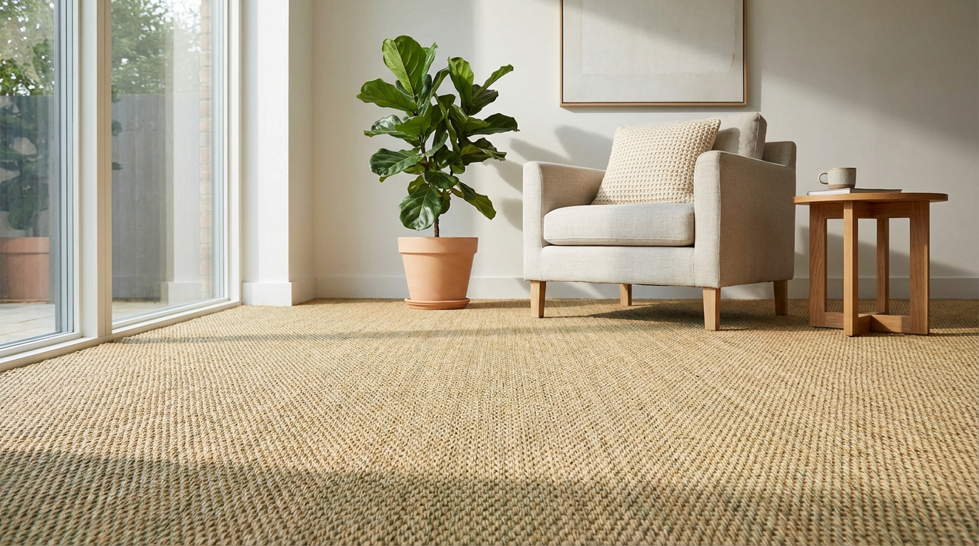 Salon lumineux avec sol en jonc de mer, fauteuil beige, plante verte et table d'appoint en bois près d'une baie vitrée.