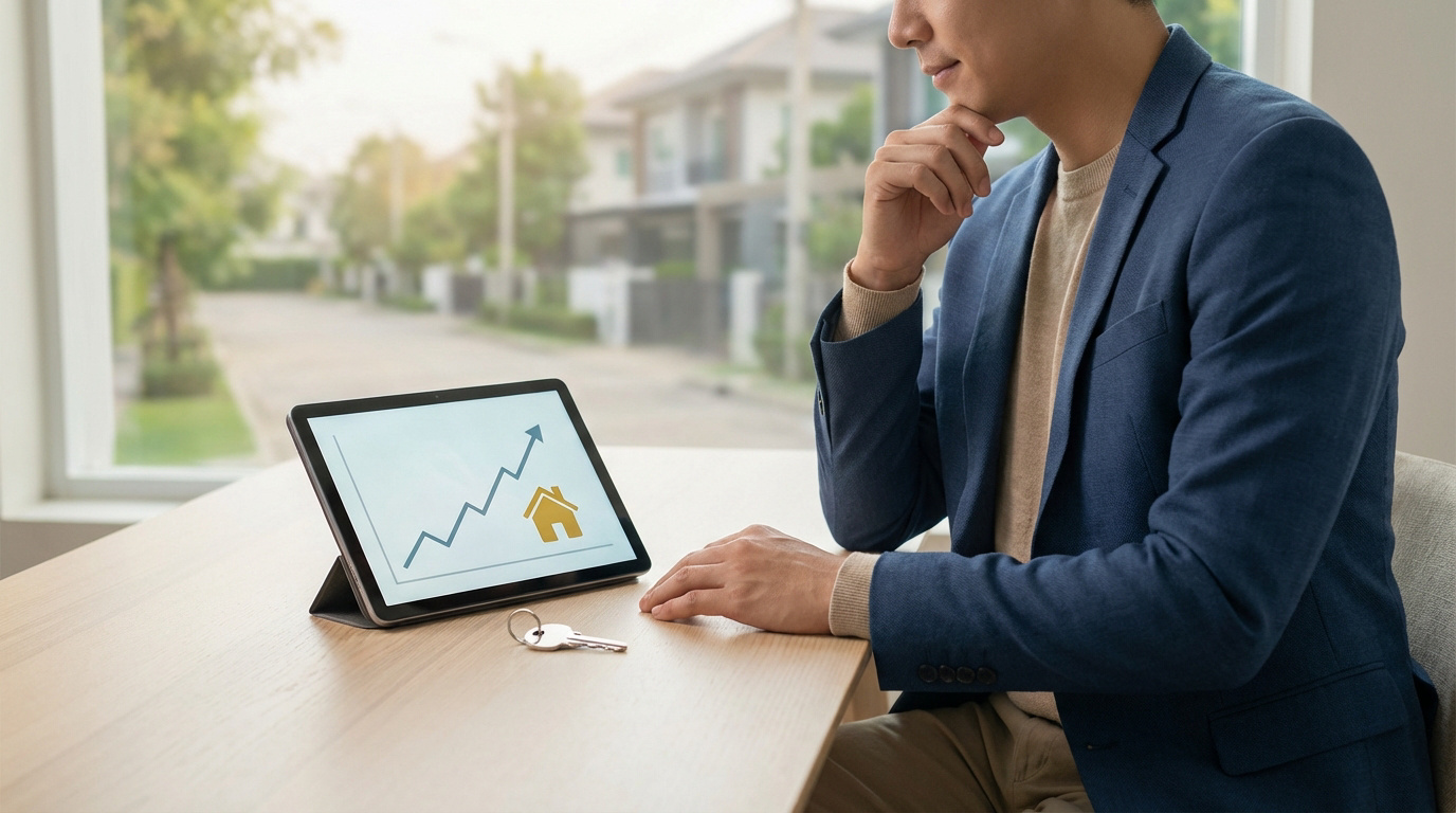 Un homme d'affaires examine attentivement un graphique de croissance immobilière sur une tablette, des clés à ses côtés, devant une rue résidentielle.